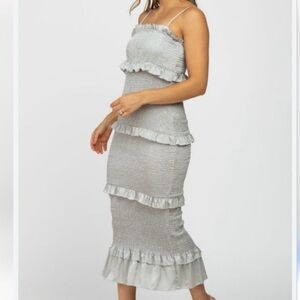 MABLE Satin Smocked Fitted Ruffled Midi Dress- Wine Color